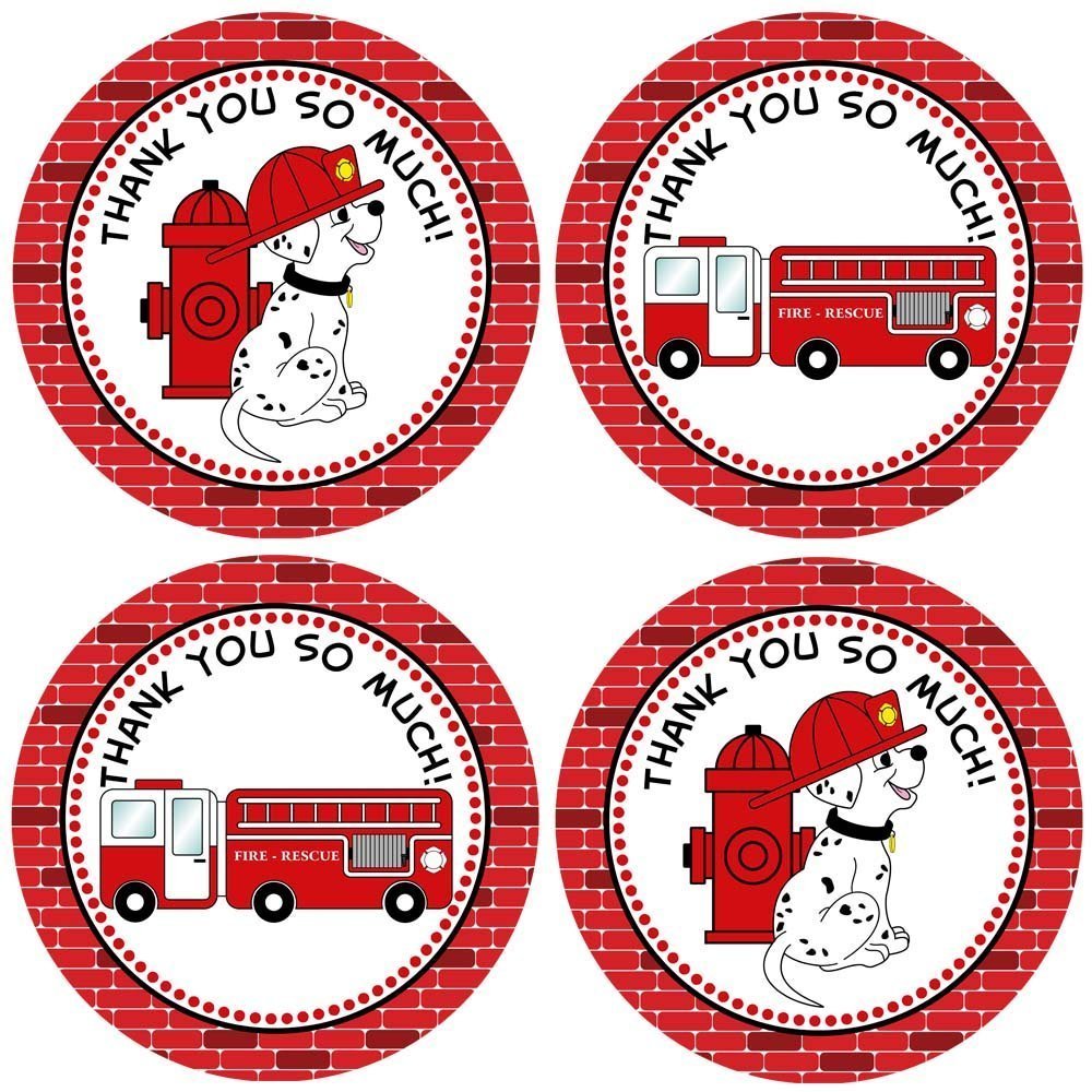 Firefighter Thank You Favor Sticker Labels by Adore By Nat - Fire Truck Dalmatian Birthday Party Favors - Set of 30