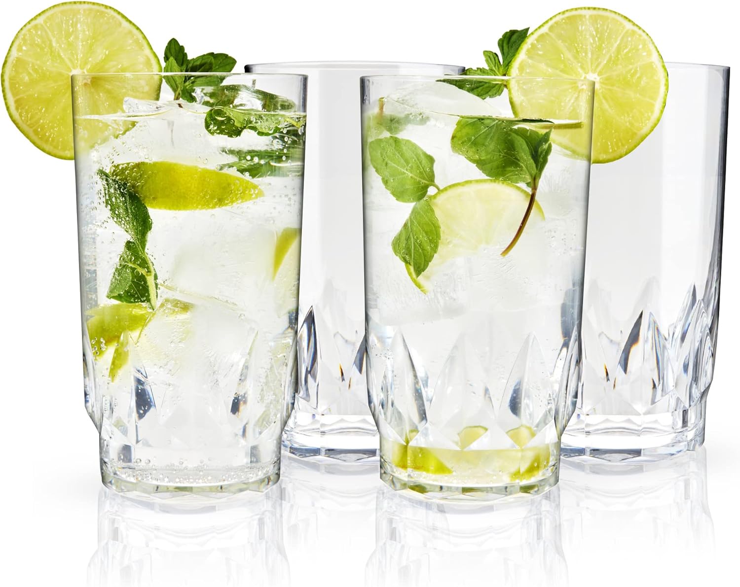 Viski Shatterproof Highball Tumblers, Faceted Acrylic Tall Drink Cocktail Glasses, Dishwasher Safe and Shatterproof, Clear 18 Oz Set of 4