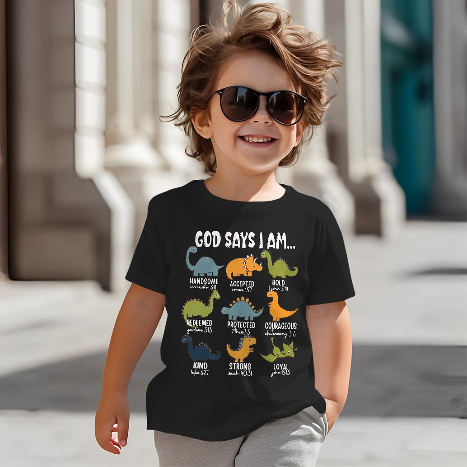 GLIGLITTR Toddler Boy Dinosaur Shirt God Says I Am Bible Verse Dino Religious Tshirt Christian Outfits Baby Short Sleeve Tees image 4