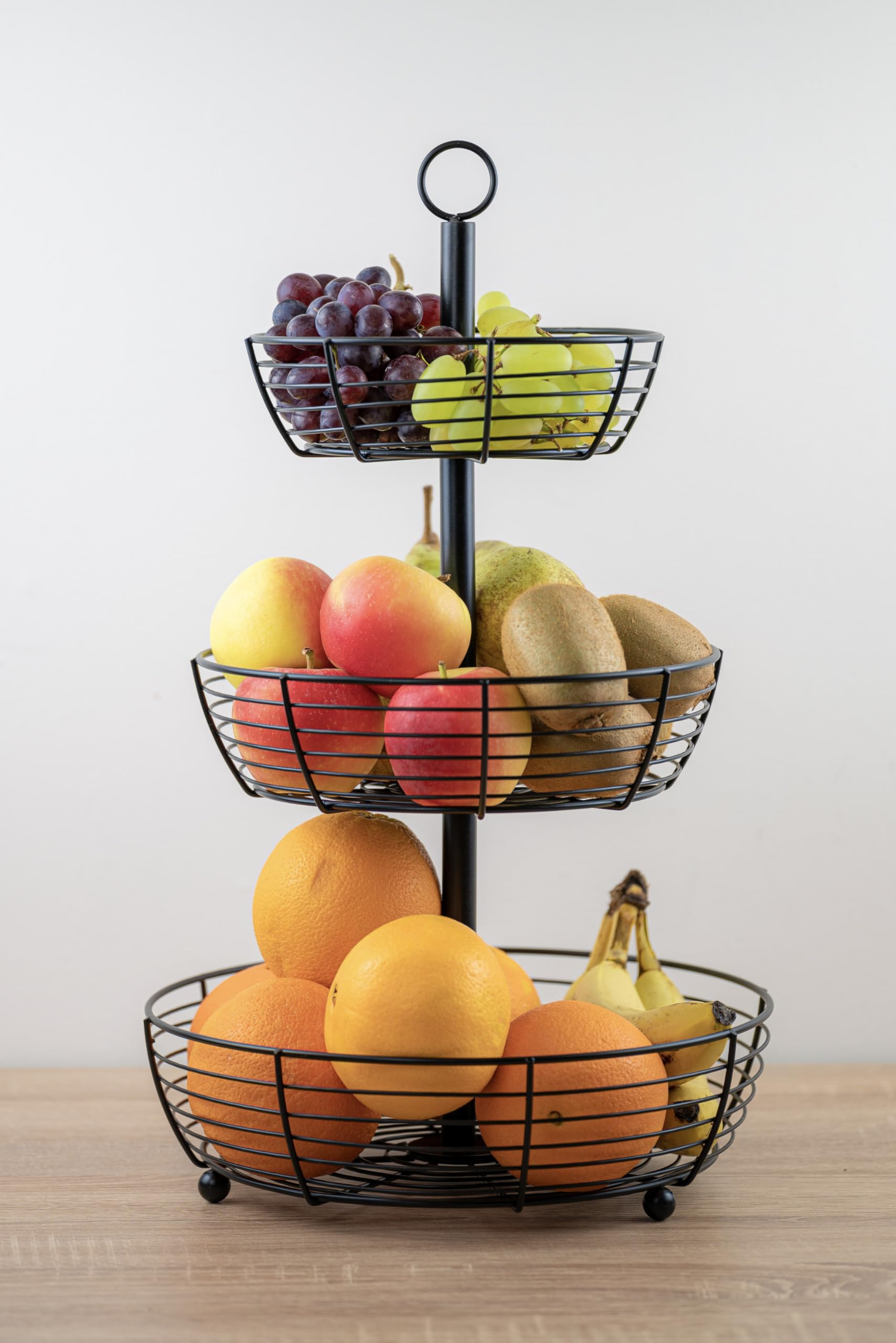 3-stöckige - Obstschale mit Insektenschutz – Schwarz - runde Teller Ø29 cm, Höhe 47 cm – Obstkorb - Obstständer -für Obst & Snacks - Gemüse -