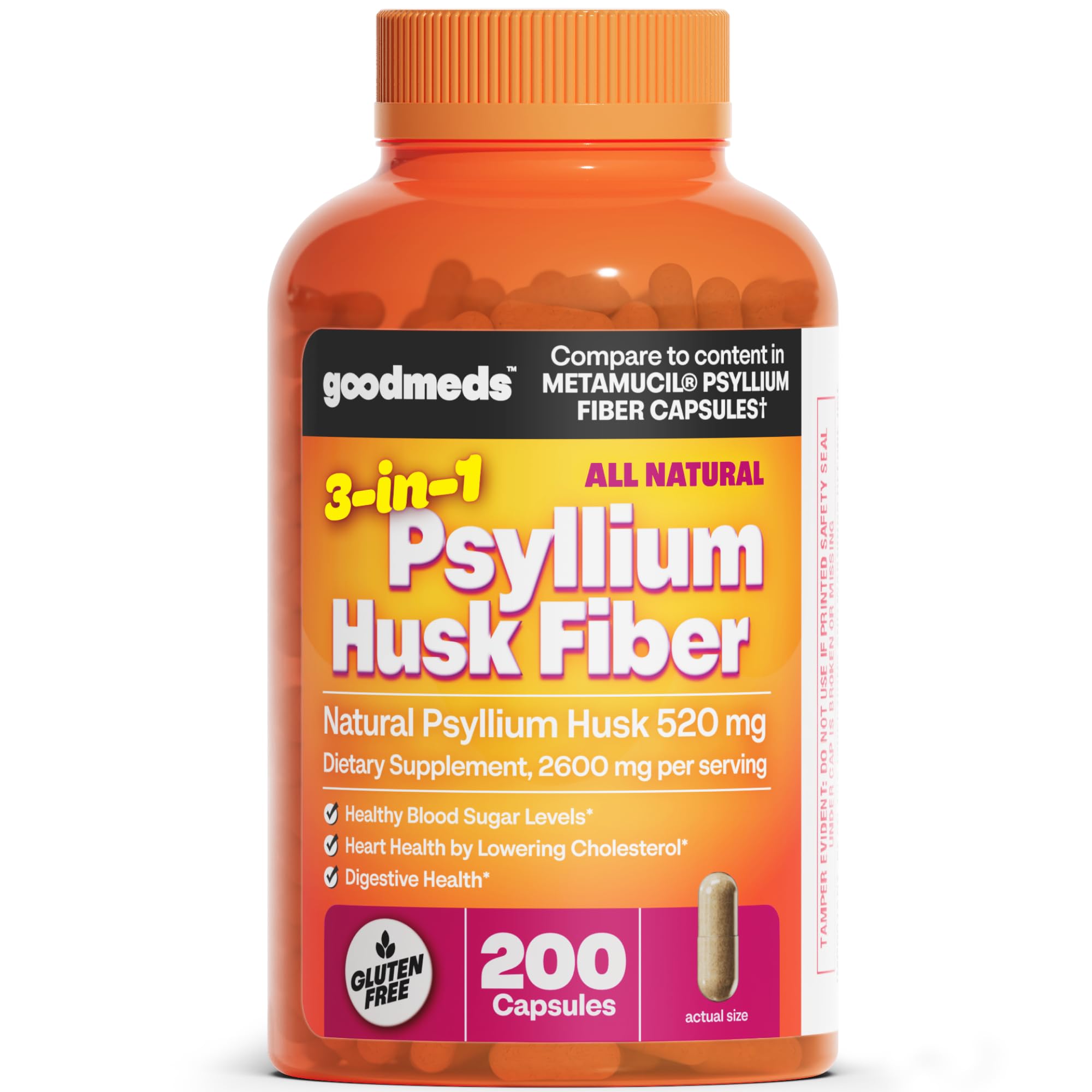 Psyllium Husk Fiber 520mg Capsules Supplement Soluble Dietary Colon Support for Women and Men, Restore Digestive Regularity and Balance (200 Count)