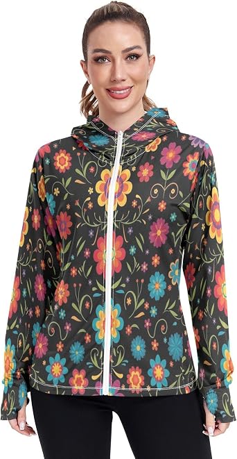 STAYTOP Womens UPF 50+ Sun Protection Hoodie Jacket Folk Art Motifs Lightweight Long Sleeve Sun Shirt
