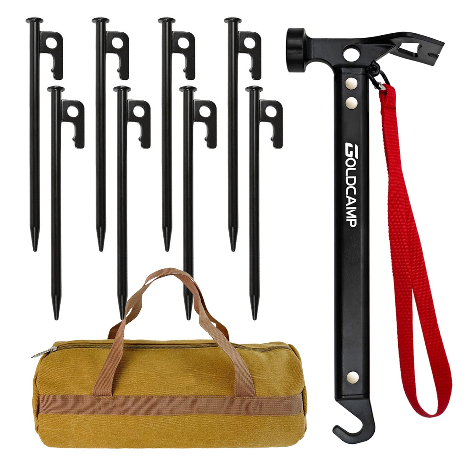 GOLDCAMP Robuste Zeltheringe und Hammer mit Canvas-Aufbewahrungstasche, 20,3 cm, robuste Metall-Heringe, Bodenanker für Camping, Outdoor, Wandern, 8 Stück (langlebige Kombination)