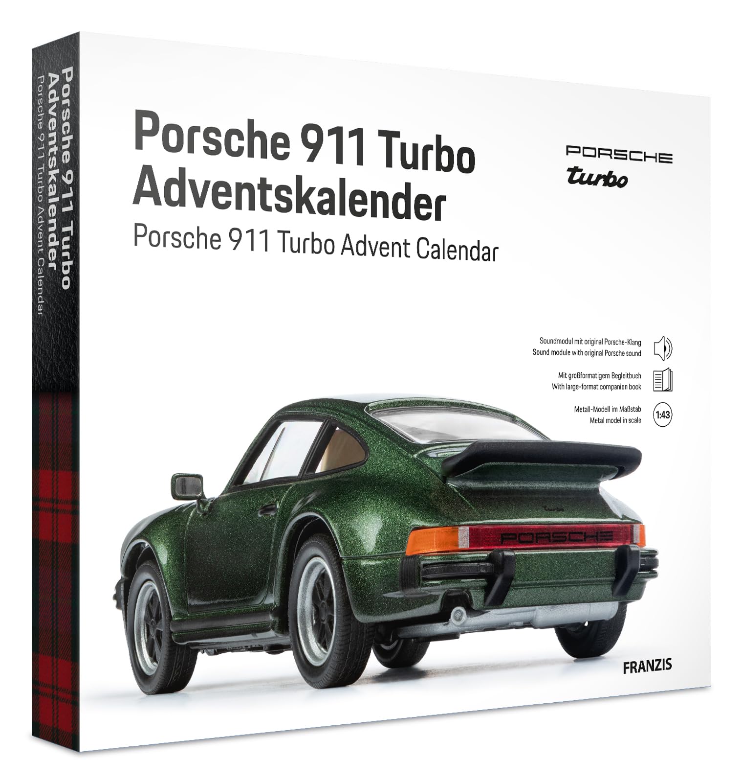 FRANZIS 67233 - Calendario dell'Avvento Porsche 911 Turbo, modello in scala 1:43, con modulo audio e libro di accompagnamento a 52 pagine