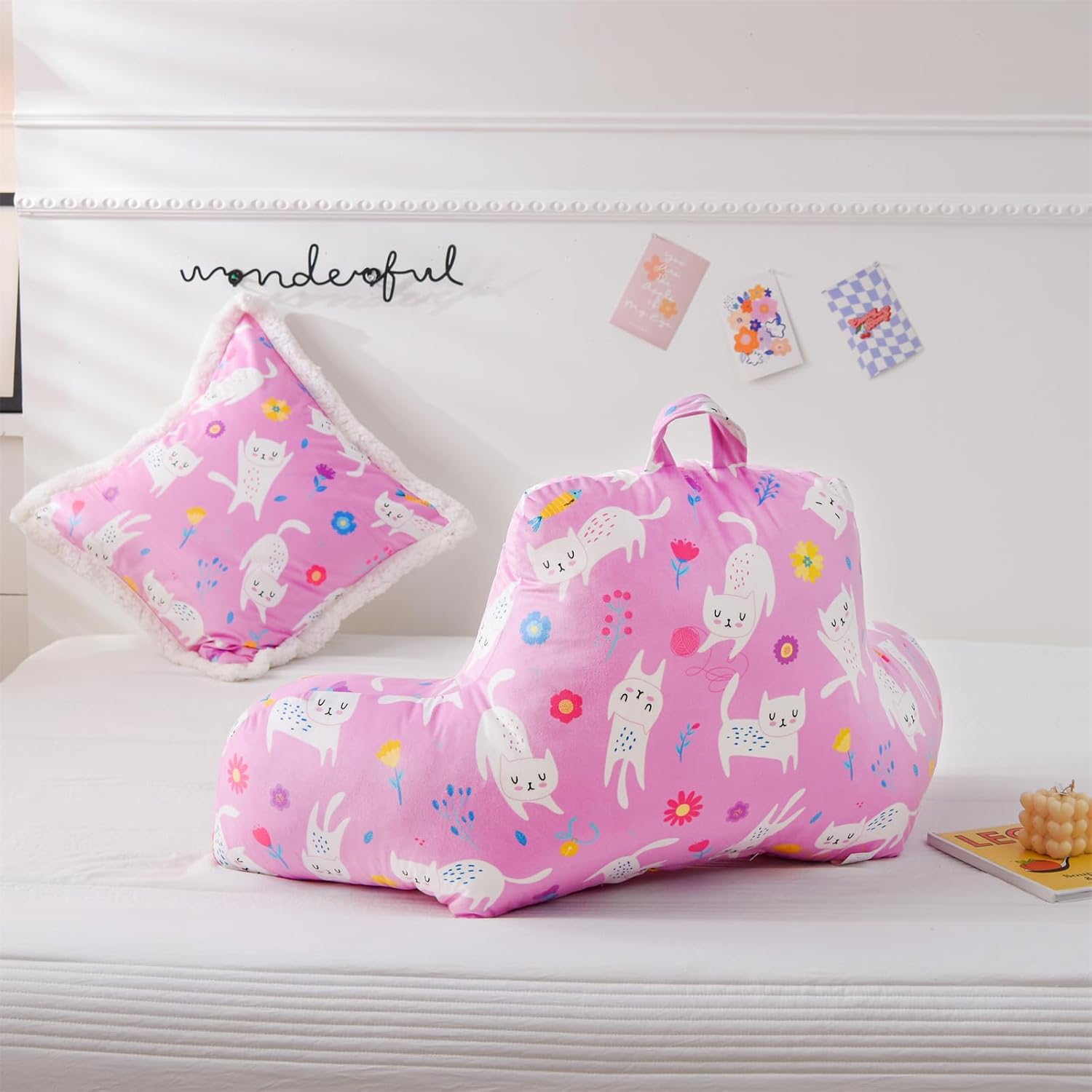 Aimuan Pink Cat Reading Pillow Bed Rest Wedge Backrest Pillow with Arms Back Support for Sitting Up in Bed Cushion Incline Rest Sleeping Snoring Pillow (Pink-cat) - Image 2