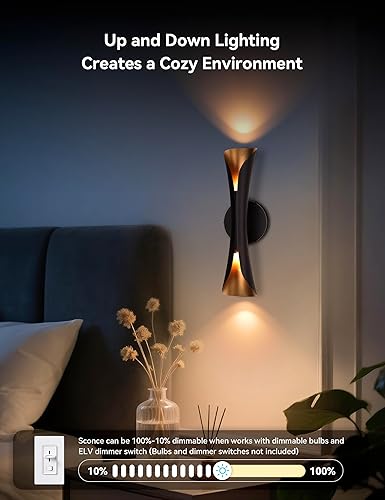 Miniatura 4 de Tubicen Aplique de pared moderno decorativo para pared, luz regulable hacia arriba y abajo, luces interiores negro dorado de mediados de siglo para