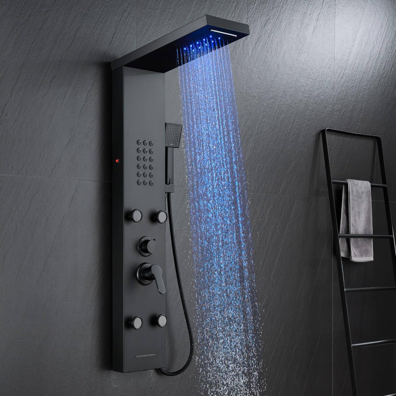 ROVATE LED Rainfall Waterfall Shower Panel, Matte Black Shower Tower with Body Jets and Rainfall and Handheld, Tub Spout, 5 in 1 Black Stainless Steel Shower Column High Pressure