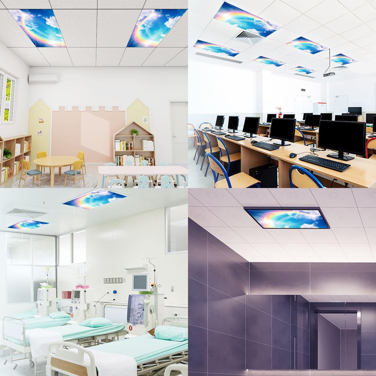 Fluorescent Light Covers for Ceiling Lights 3D an Artistic Rainbow Blue Sky Easy to Install Magnetic Light Filter for Classroom Office Hospitals School Home Decor