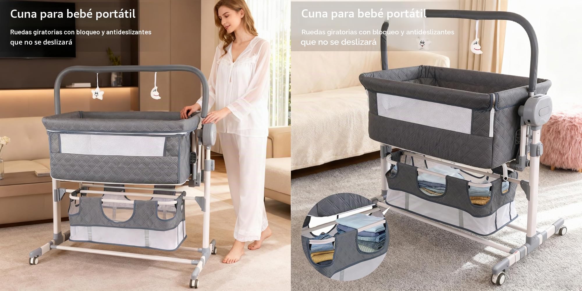 MoLi Eléctrico Bluetooth Inteligente Cuna Colecho Bebe, Cuna Next to me Convertible, 5 Engranajes de Balanceo y Control Remoto, Plegable Colecho Bebe con Colchon, Música (608 Khaki)