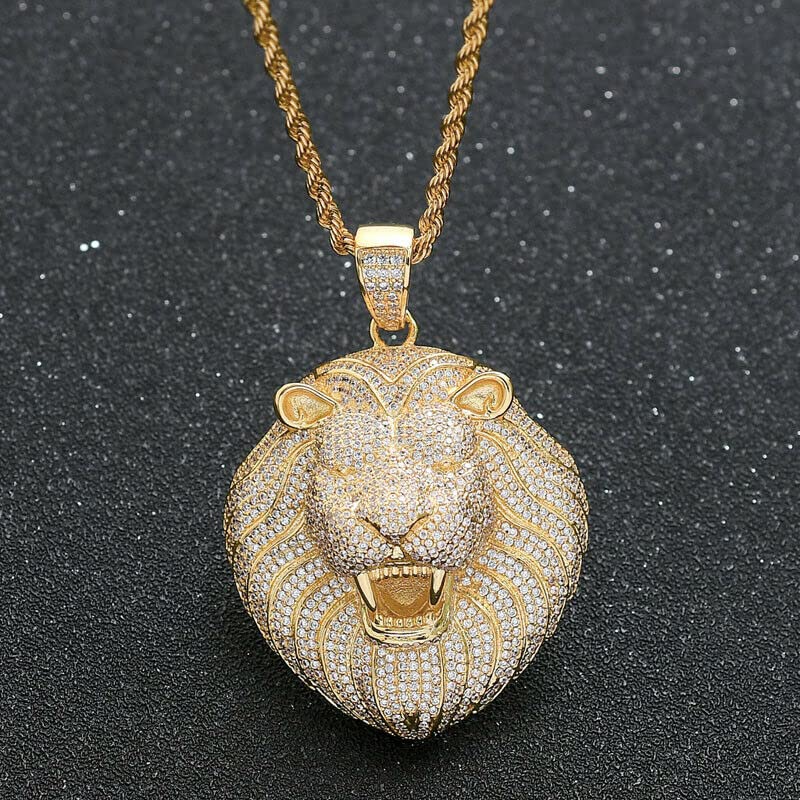 Brass Lion Head Pendant Micro Pave Stones Hip Hop Jewelry & 18" 20" 24" Rope Chain Necklace4