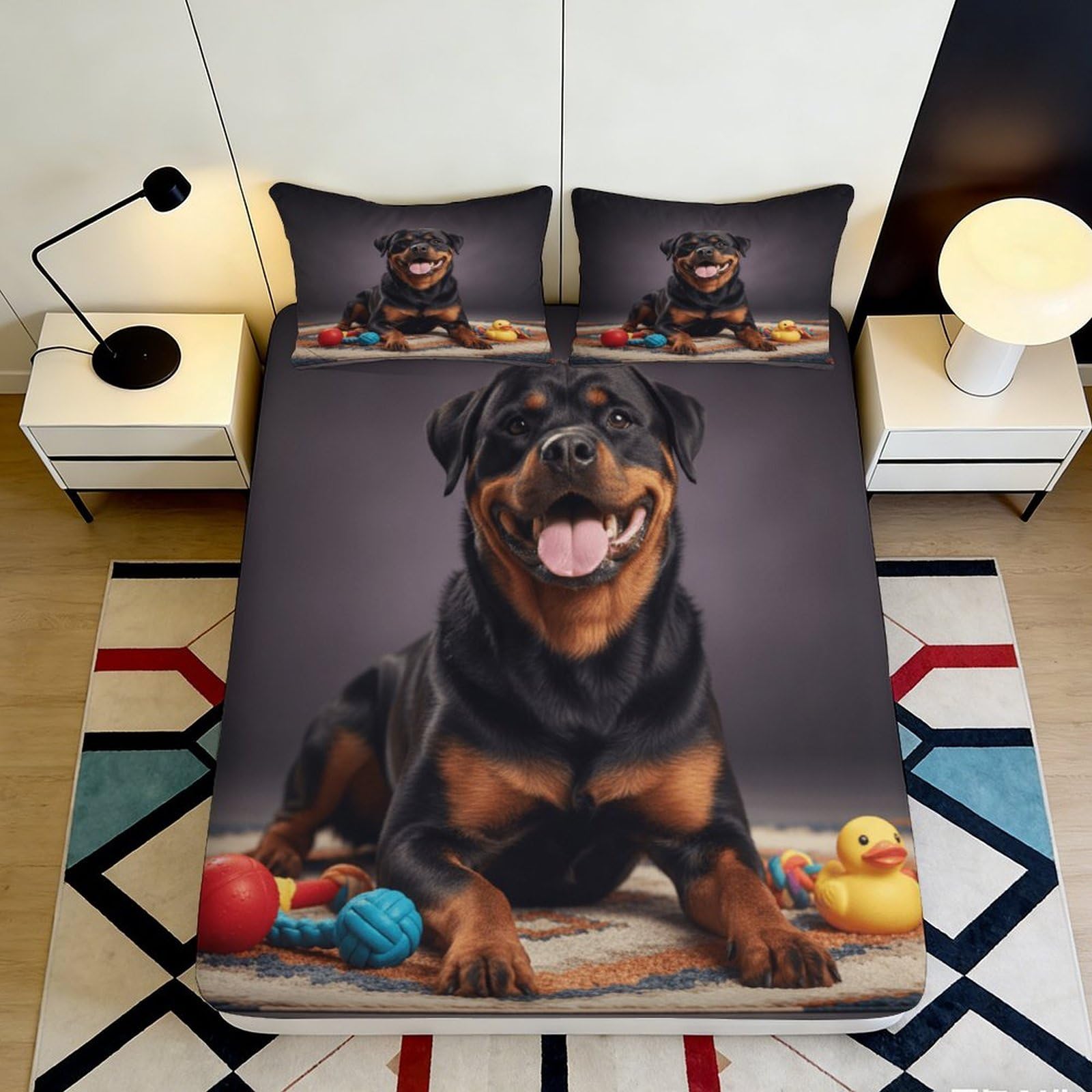 3D Printed Rottweiler Dog Fitted Sheet Microfiber Soft Durable Black Brown Puppy Mattress Cover for Bedroom Dorm Dormitory Guest Room Protection 90x200x25cm