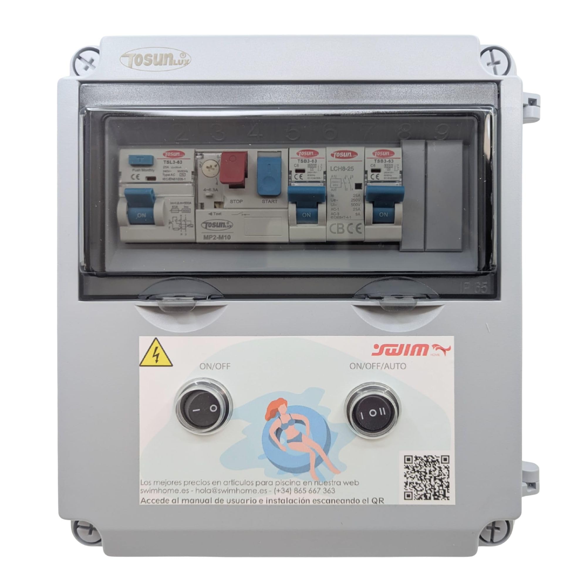 SWIMHOME Cuadro Eléctrico para Piscina Iluminación y Motor | Guardamotor y Transformador | Controlador RGB 4 Hilos | Contactor para Clorador | 60W 12DC | Bomba de Agua 0,5CV 2,5-4A