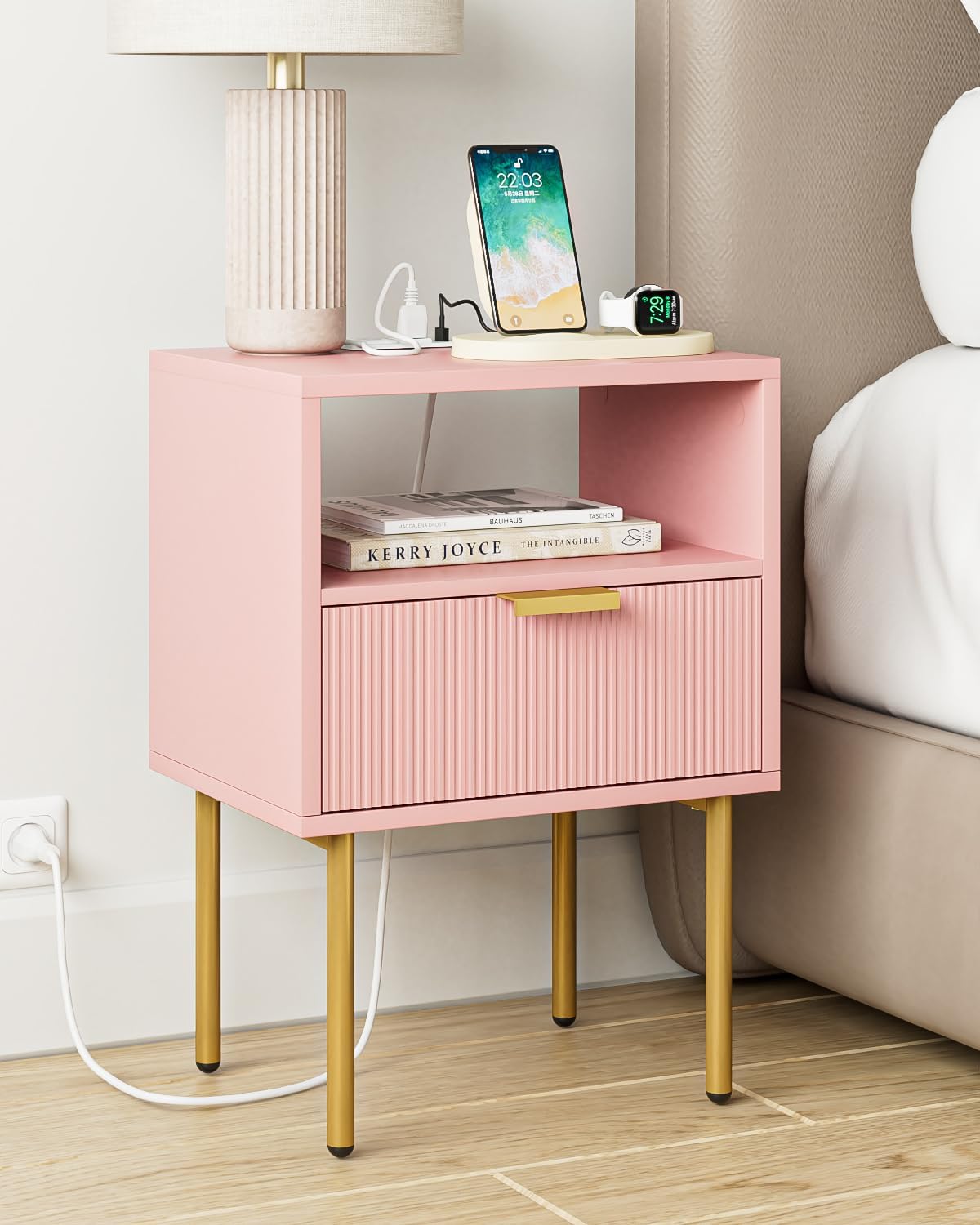 Nightstand,Morden Bedside Table with Gold Frame,Small Night Stand,End Table,Bedside Furniture,Side Table with Drawer and Shelf for Bedroom,Living Room (1Drawer-Stripe, Pink-Outlet)