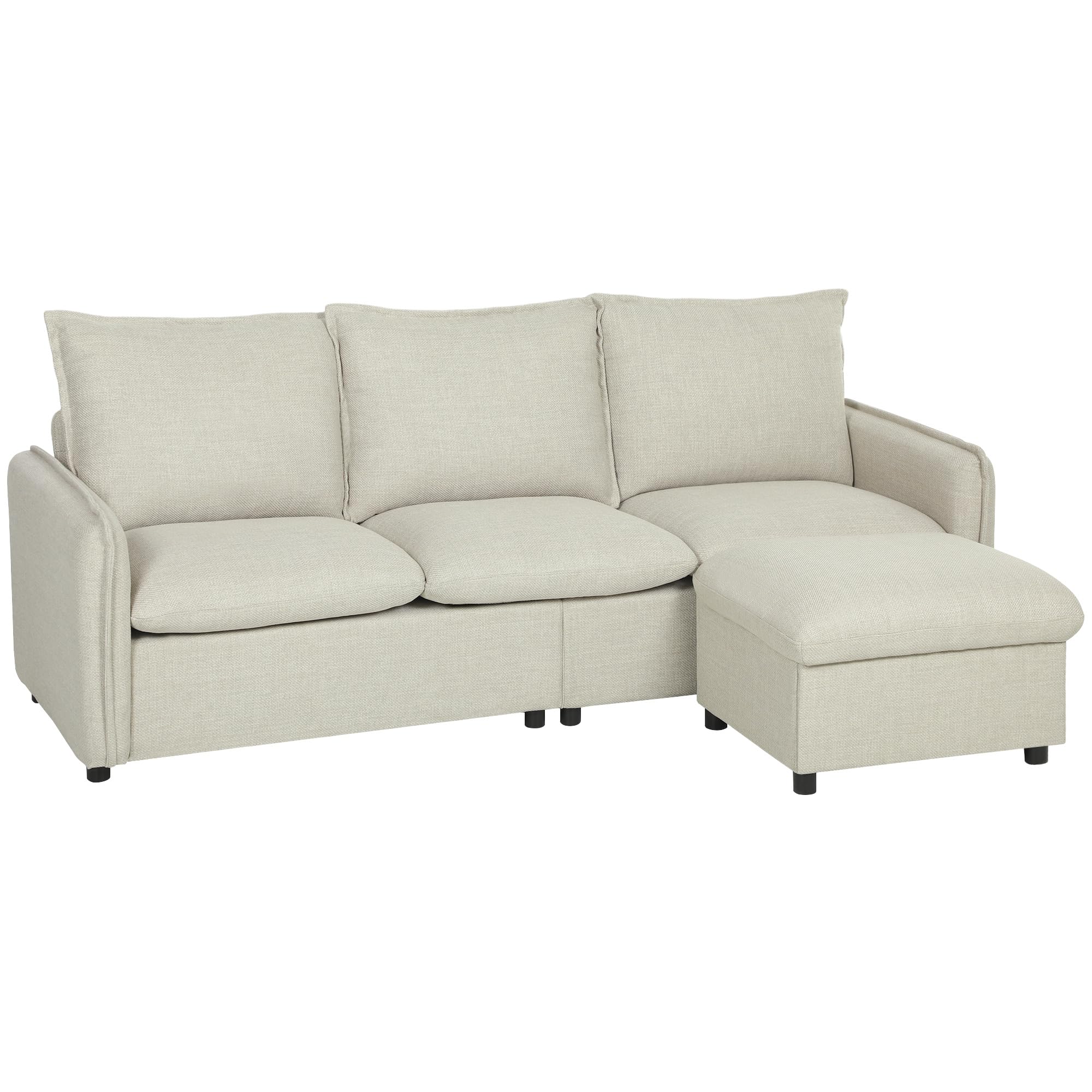 HOMCOM Divano a 3 posti con pouf portaoggetti divano angolare modulabile 212 cm, design moderno seduta imbottita cuscini a molle tessuto di lino per soggiorno, camera da letto, ufficio, crema