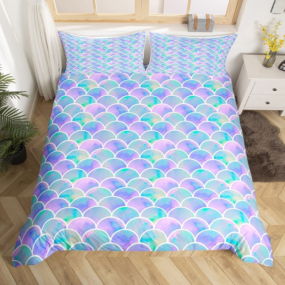 Loussiesd Mermaid Fish Scales Comforter Cover King Size Lovely Women Bedding Set Geometric Decorative 3 Pieces Purple Green Duvet Cover Set Luxury Bedspread Cover with 2 Pillowcase Microfiber Zipper — image 1