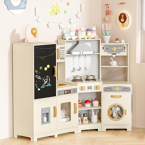 Miniatura 8 de MAMIZO Cocina de esquina de madera, gran juego interactivo de cocina para niños pequeños con pizarra, estufa y campana extractora con luz y sonido,