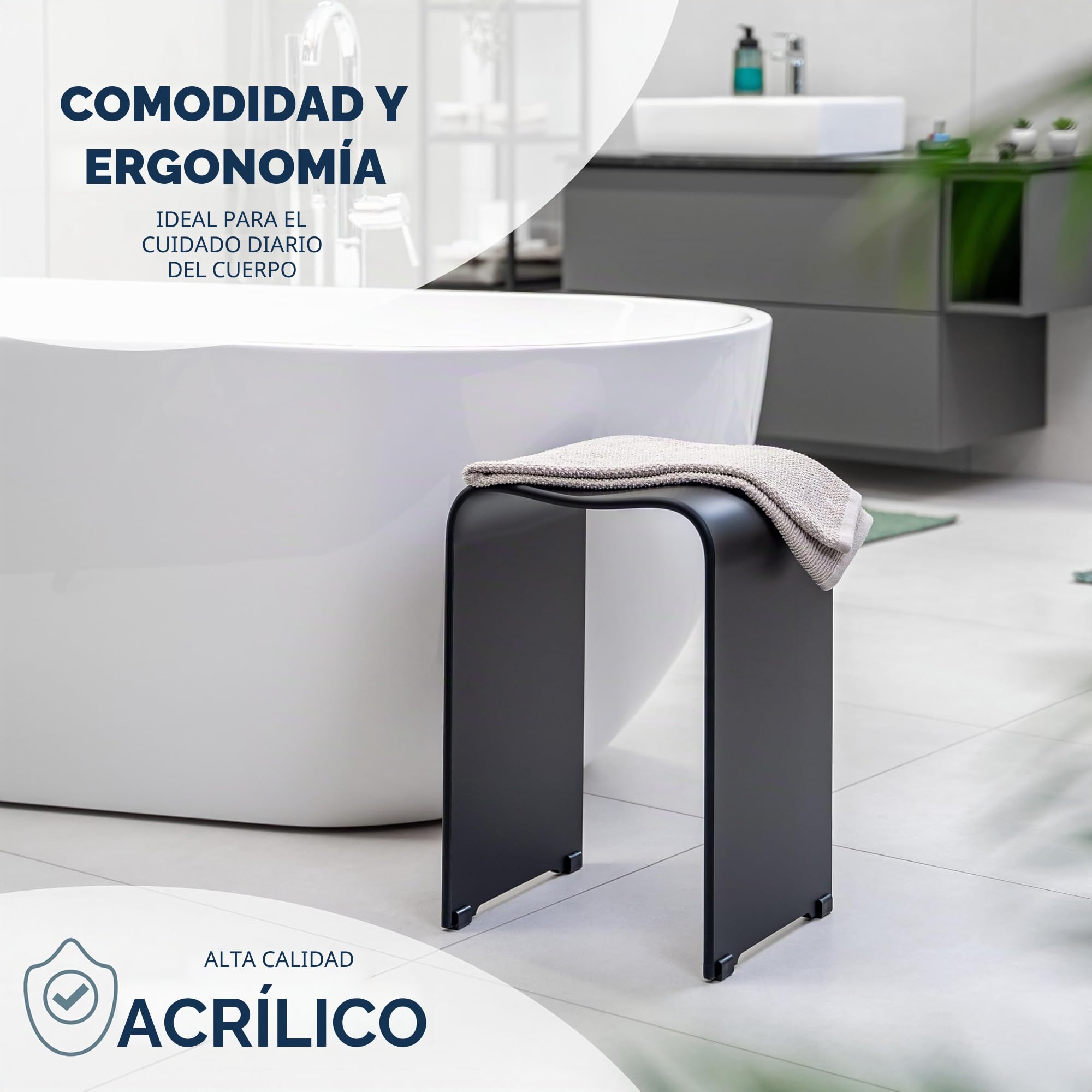 bremermann Taburete de baño de acrílico, Aprox. 33 x 27,5 x 48 cm (Ancho x Profundidad x Alto), con Mango Hueco, Forma ergonómica, soporta hasta 130 kg (Negro/Mate)