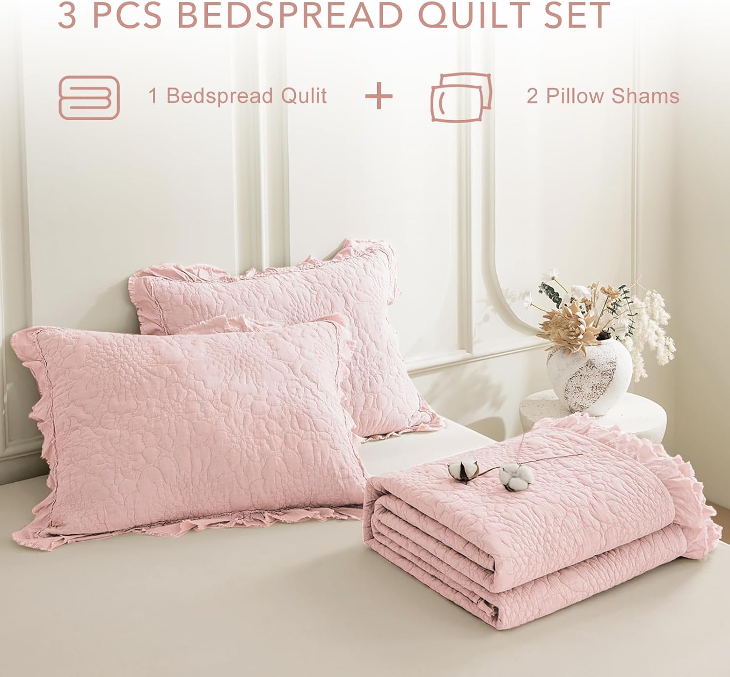 QSH 3PCs Blush Oversized King Quilt Bedspread Set(120"x120"),Stonewashed Cotton Ruffle Quilt California King,Ultra Soft Lightweight Crinkled Shabby Bedspread Coverlet Bedding Set for All Seasons - Image 7
