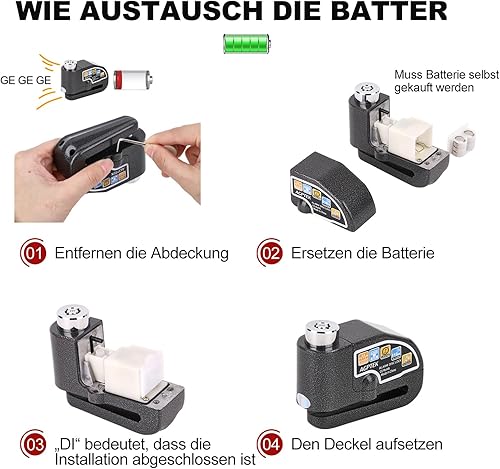 Miniatura 5 de AGPTEK Candado de freno de motocicleta de 110 dB con cable recordatorio de 1.5 m, antirrobo, impermeable con pasador de bloqueo y bolsa de