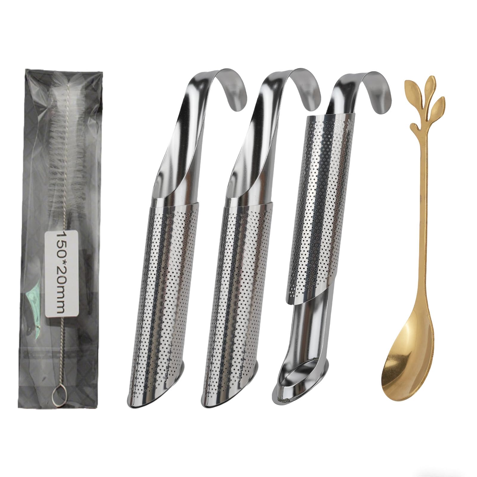 3PCS Stainless Steel Tea Infuser Set for Loose Leaf Tea, Includes Elegant Spoon and Cleaning Brush, Perfect Fine Mesh Strainer, Metal Diffuser, Pipe Tea Steeper for Loose Tea, Coffee, Spices