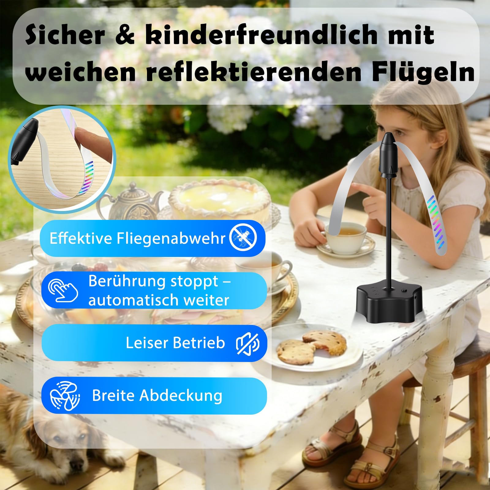 4er Fliegenwedler, USB-C aufladbar Fliegenfächer für Tische, tragbarer Fliegenabwehr Ventilator mit holografischen Reflexflügeln, leiser Fliegenvertreiber für Innen und Außen, Grillen, Picknick