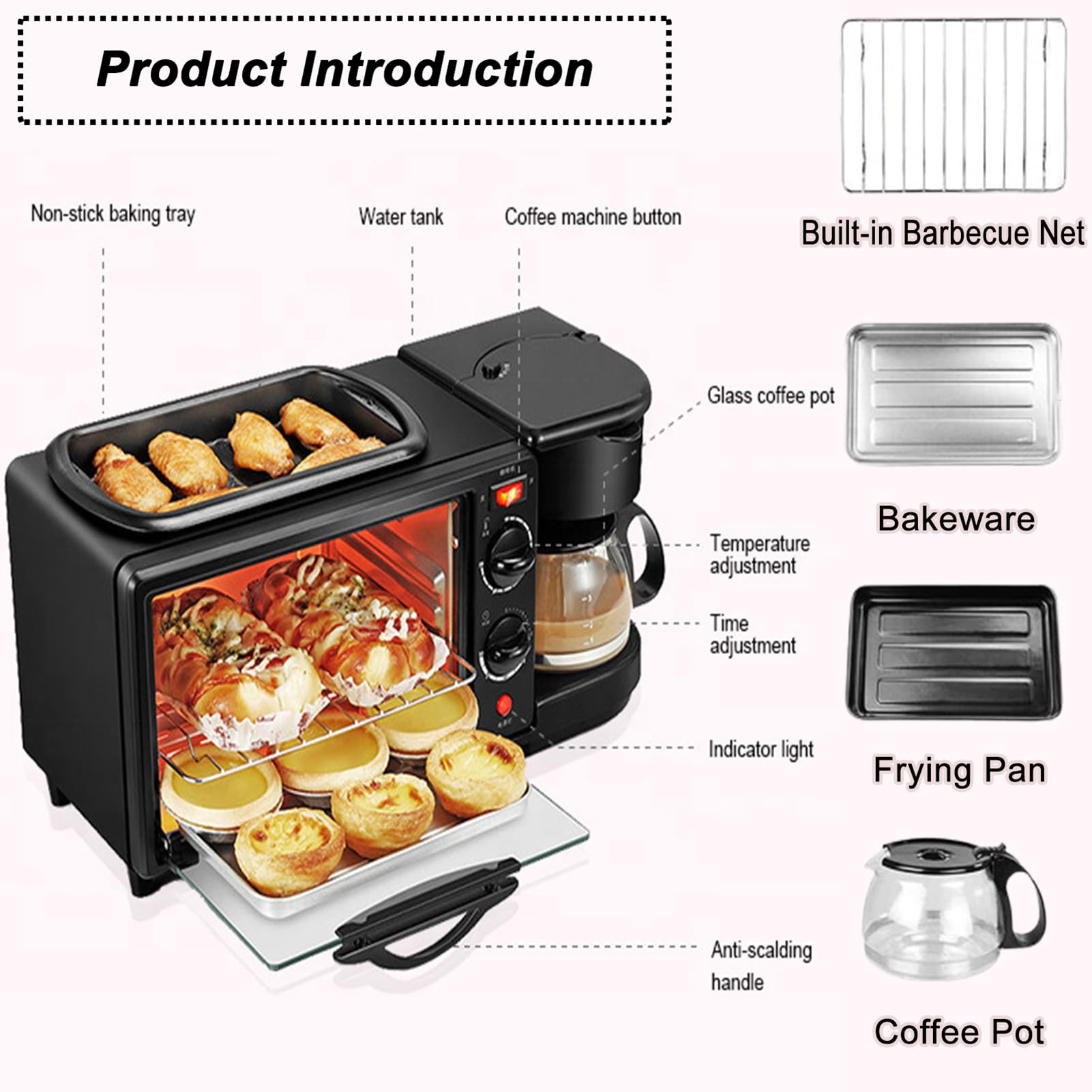 Station de petit-déjeuner, appareil de petit-déjeuner multifonction 1100W avec machine à café et plaque de cuisson, four grille-pain antiadhésif pour œufs, bacon et crêpes, appareil de cuisine