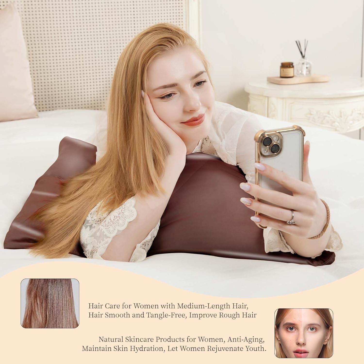 100% Pure Mulberry Silk Pillowcase for Hair and Skin, King Size 20”*36” Cooling Silk Pillow Case by Zipper Closure, Smooth and Soft Dual Sides Silk Pillow Cover for Women. (Coffee, King-1 Pcs)