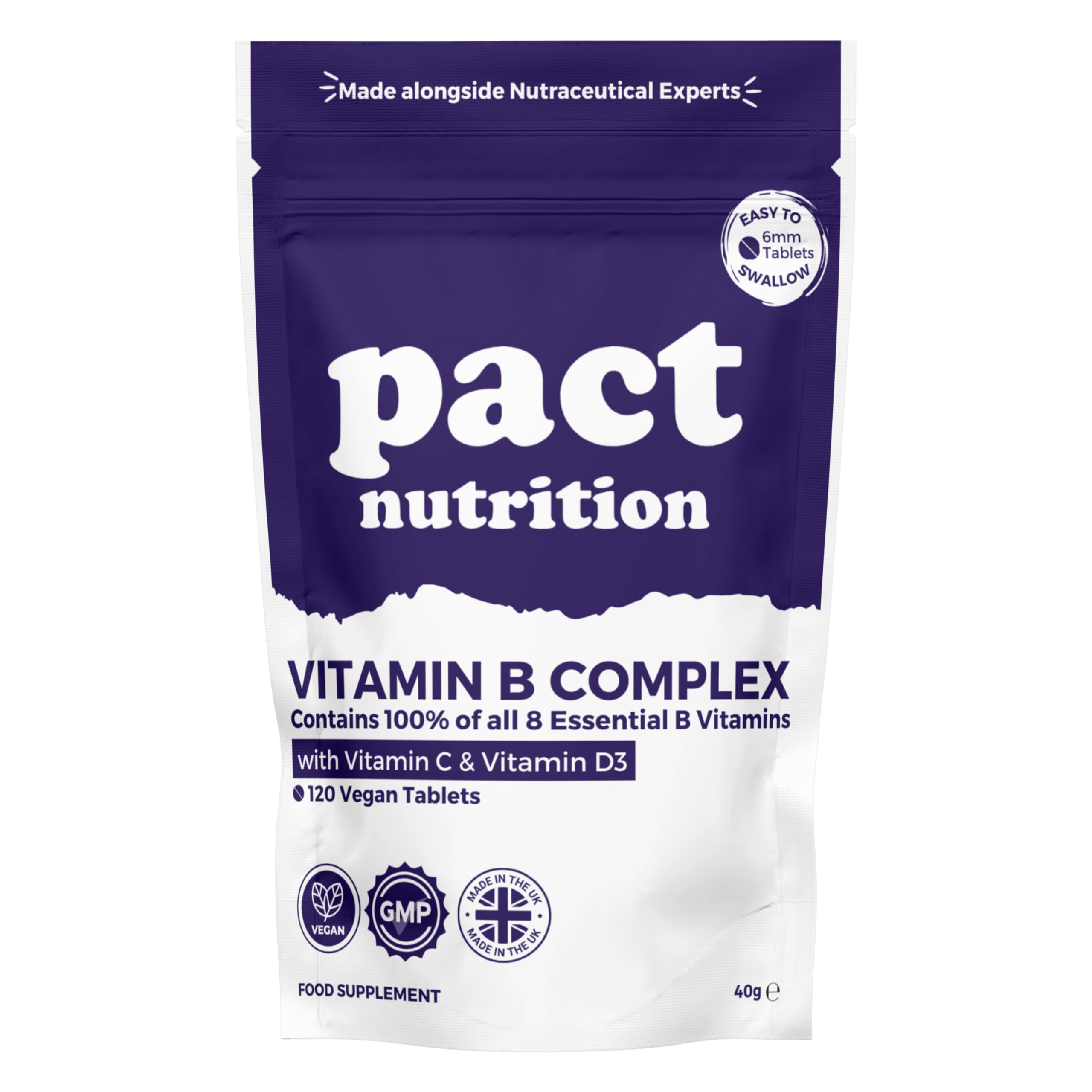 Vitamin B Complex High Strength – All 8 B Vitamins (B1, B2, B3, B5, B6, B7, B9, B12) + Biotin & Folic Acid – with Vitamin C & D3 – 120 Vegan Tablets – Energy & Immunity Support – Pact Nutrition