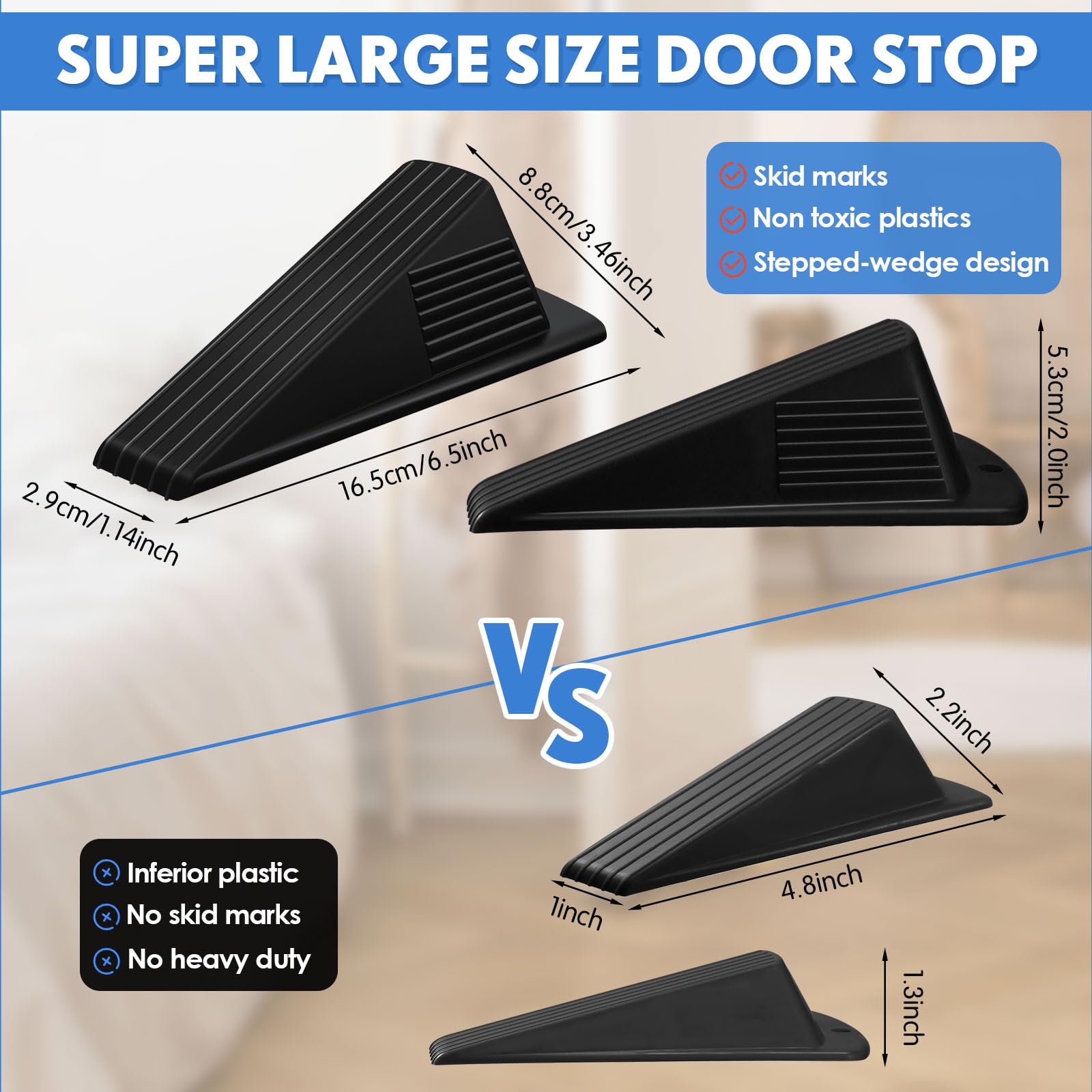 Frienda 2 Pcs Jumbo Door Stoppers Heavy Duty Door Stopper Tall up to 2inch Tall Wedge TPR Large Wedge Stackable Big Rubber Doorstop for Hotel Carpet Hardwood Concrete and Tile (Black)