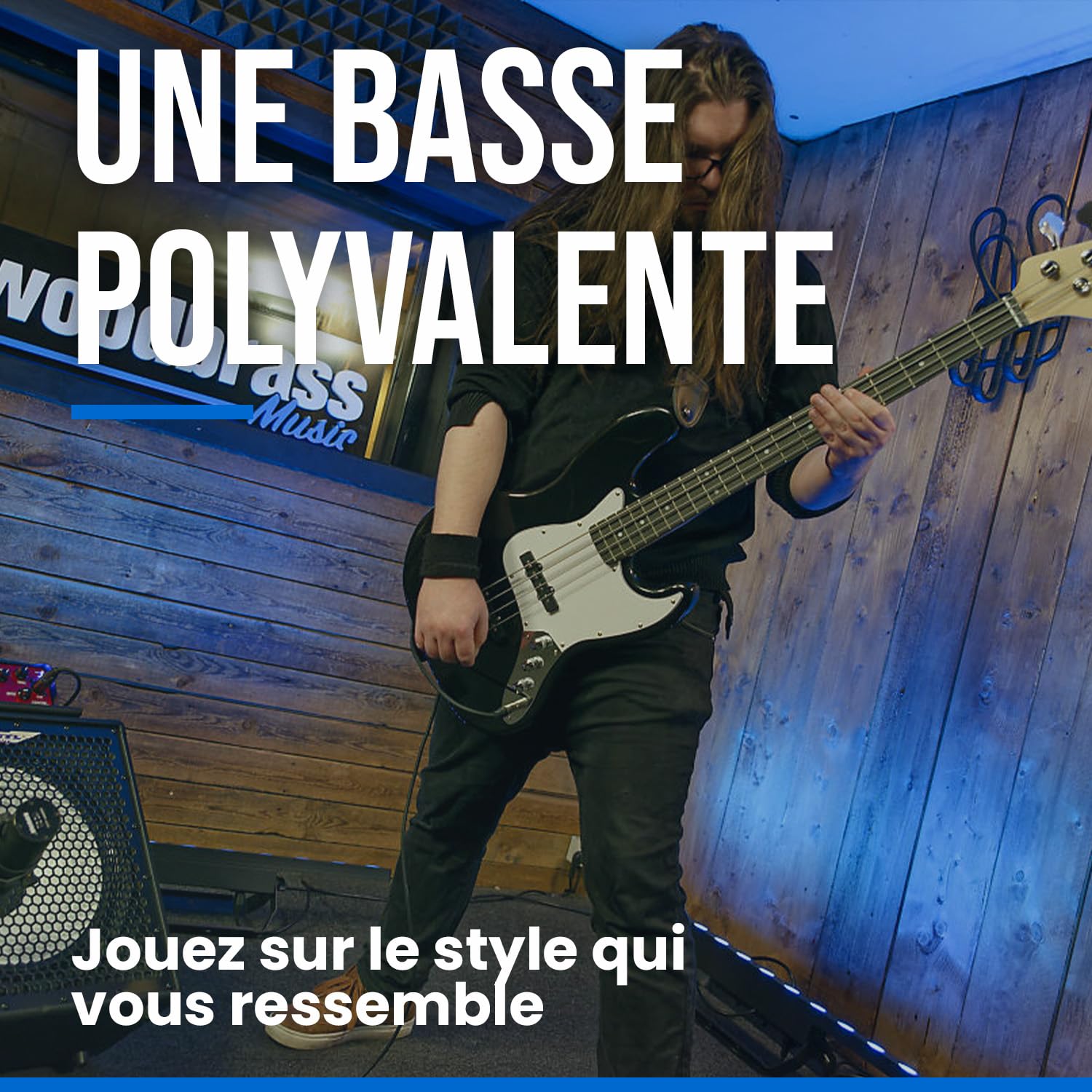 Basse électrique Woodbrass JB100 Noire - Guitare basse polyvalente idéale pour débuter - Corps forme JB Tilleul Américain Touche érable - Style rock, pop, funk, country, hard, metal