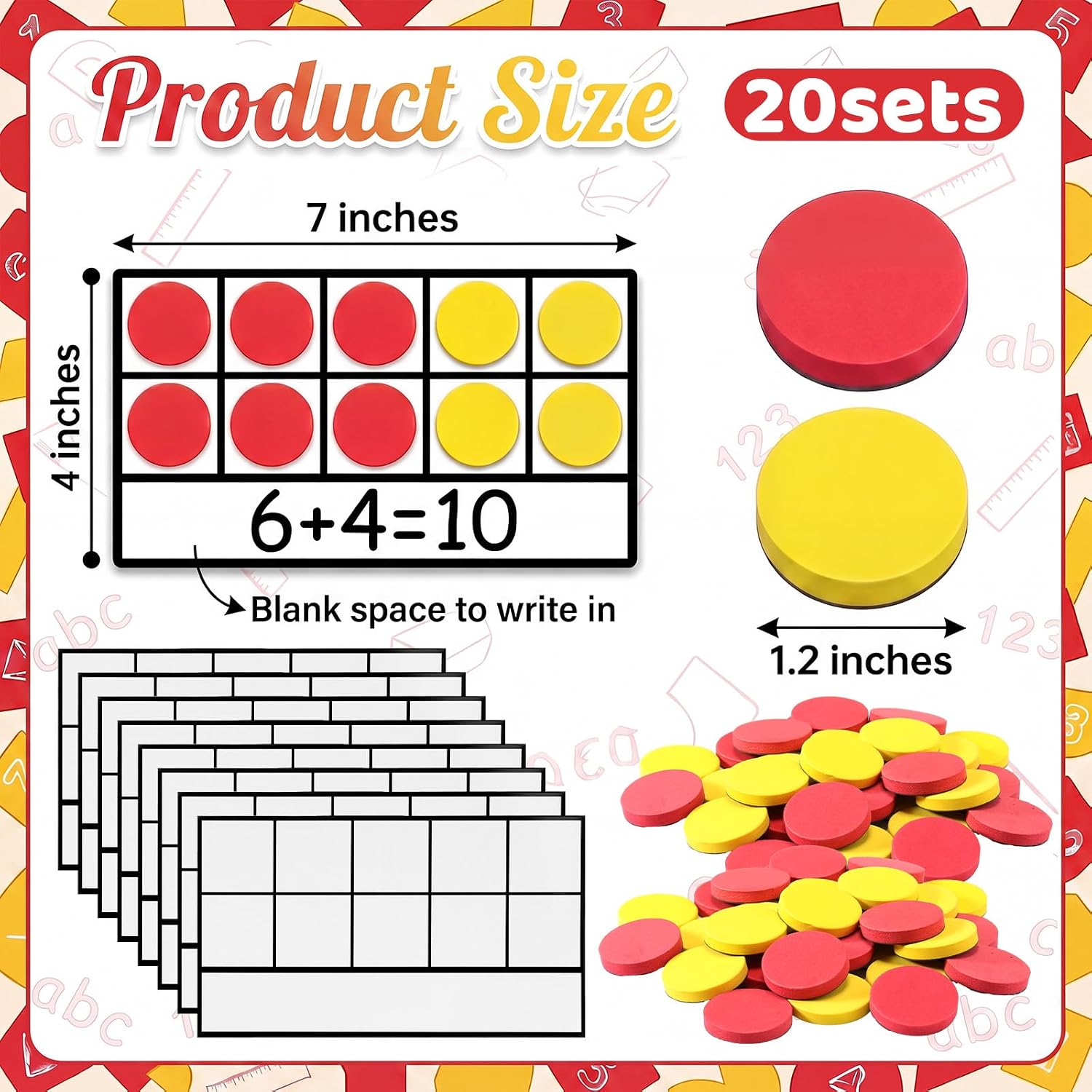 Ireer 20 Sets Bulk Magnetic Ten Frames for Classroom 200 Magnetic Math Counters and 20 Boards Kindergarten Classroom Must Haves Math Manipulatives for Home Prek Preschool Elementary(Red Yellow)