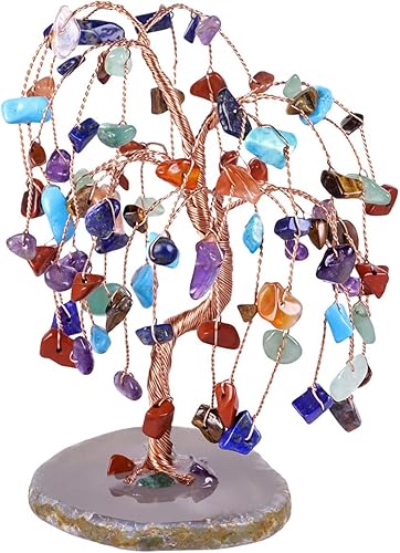 SUNYIK Juego de 7 árboles de dinero de cristal Chkara hechos a mano sobre una base de rodajas de ágata natural, árbol de la vida curativo, cristales