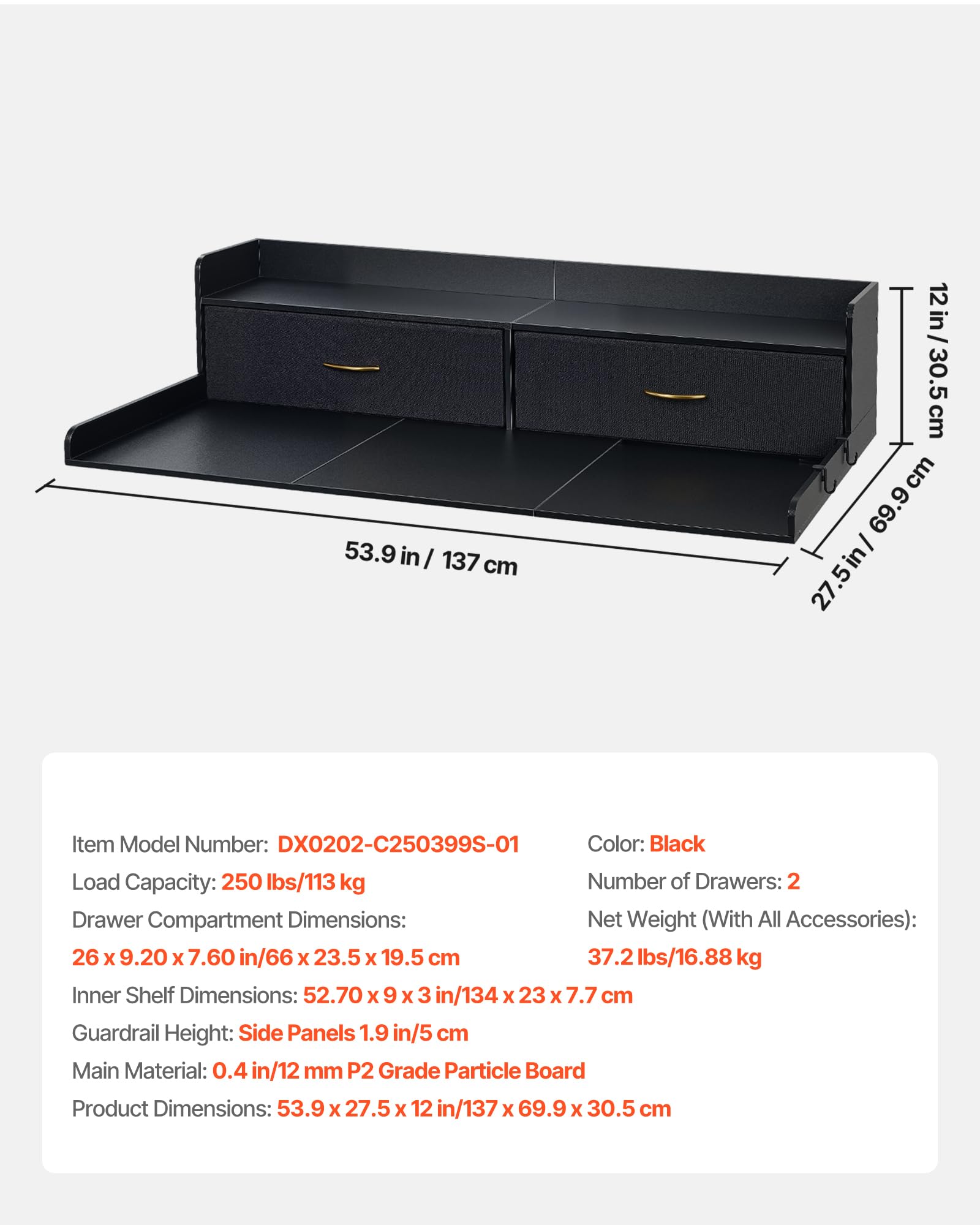VEVOR Piano di Lavoro per Lavatrice e Asciugatrice con Ripiano 137 x 69,9 cm, Piano d'Appoggio per Lavatrice con 2 Cassetti Integrati e Ganci, Struttura in Legno con Ampia Superficie di Lavoro, Nero