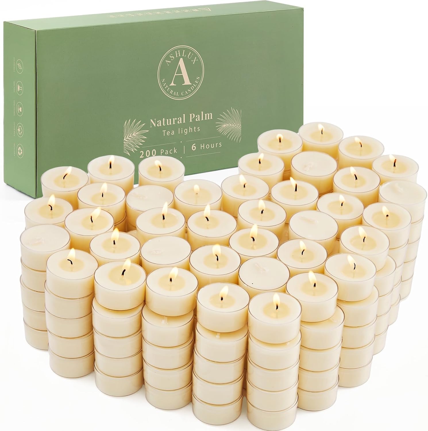 Ashlux Tea Light Candles 100 Pack, 6H Palm Wax Unscented Clear Cup, White