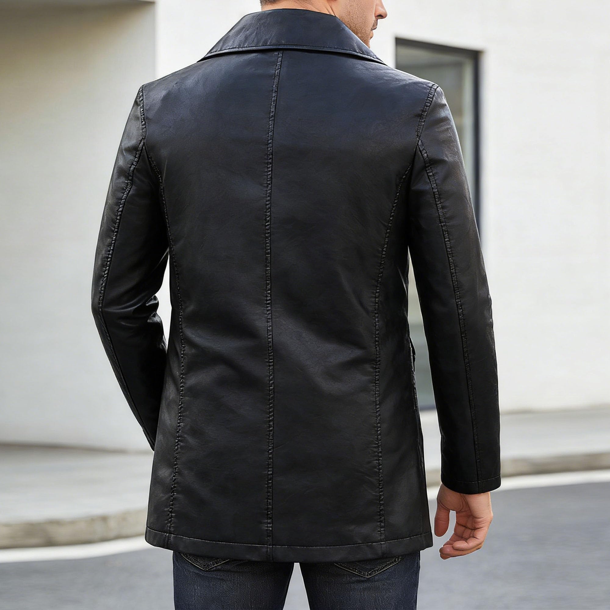 Chaqueta blazer de piel sintética para hombre, abrigo cruzado, corte entallado, estilo motero, ropa de abrigo formal, chaqueta informal elegante.