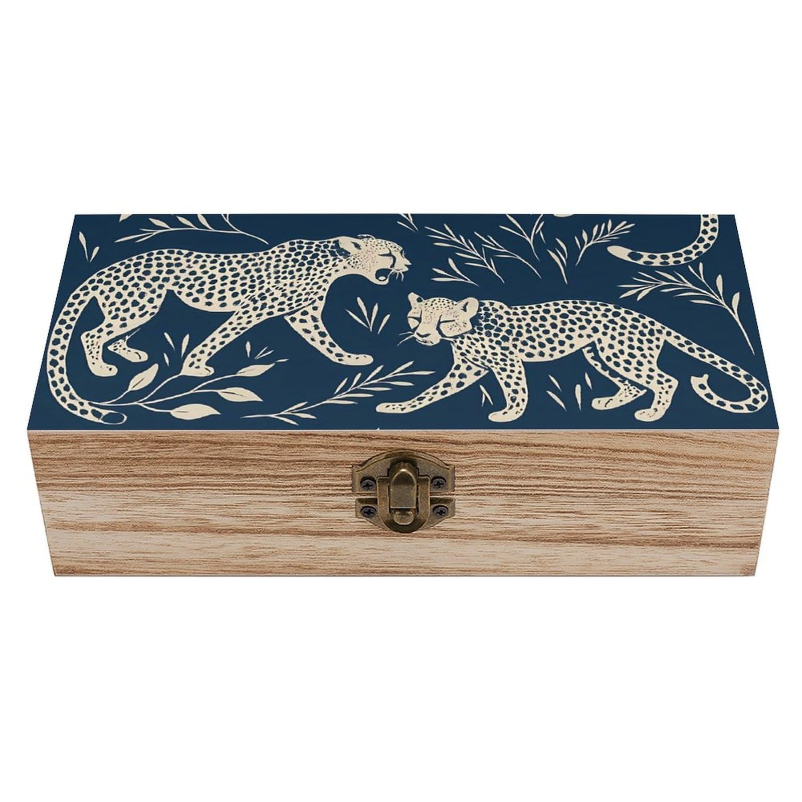 HLBSDM Leopard Strolling & Leaves Retro Wooden Storage Box Jewelry Art Gift Boxs Decorative Keepsake Boxes