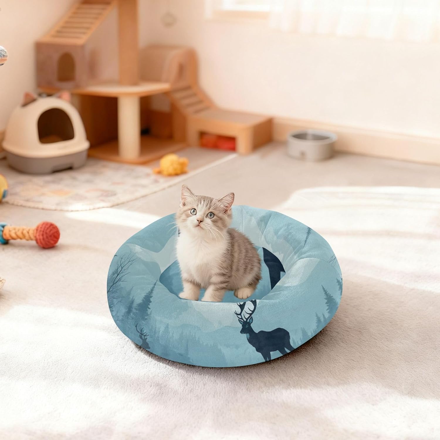 Dog Bed Ultra Soft Fluffy Comfortable Cat Bed, Forest Scene Washable Dog Beds Anti-Slip Round Pet Beds for Medium Dogs