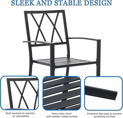 Miniatura 4 de Juego de 2 sillas de metal para patio, resistentes y apilables de 300 libras, sillas de comedor al aire libre, reposabrazos ergonómicos, cero