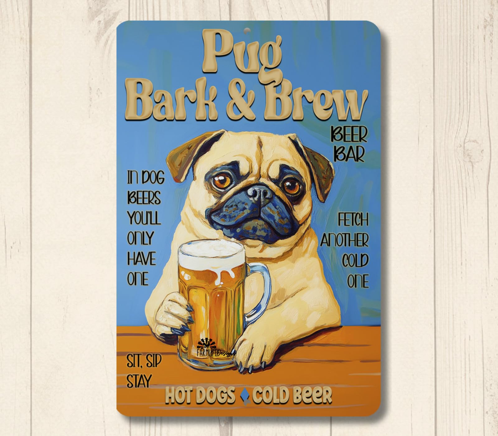 Pug Beer Bar Sign Bark & Brew pub man cave dog funny metal wall art decor gift home decor