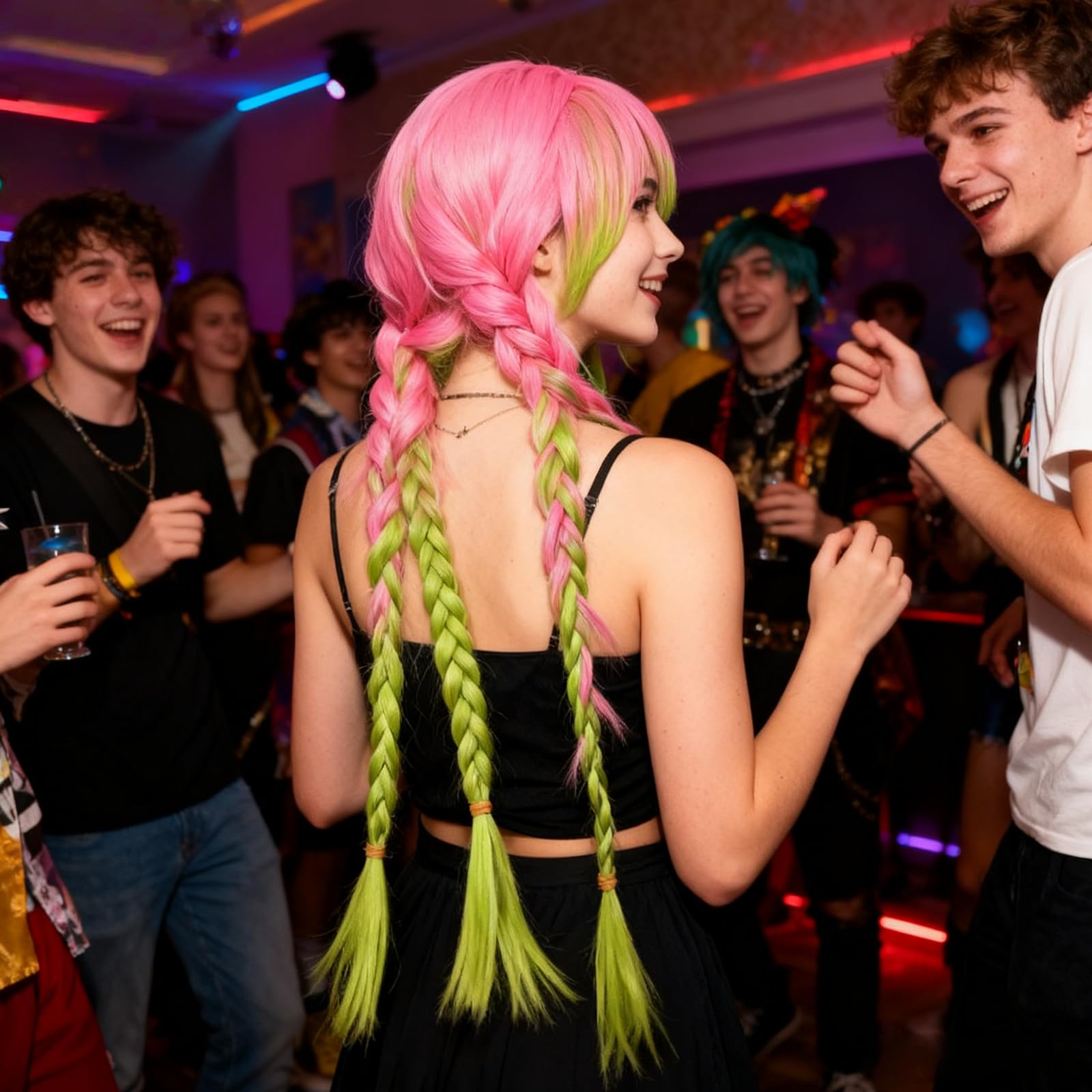 Pink Green Wigs for Women with Wig Cap, Layered Natural Synthetic Wig Costume Gradient Braids Hair Pigtails Anime Cosplay Full Head Wigs for Halloween Christmas Party Carnival - Image 4