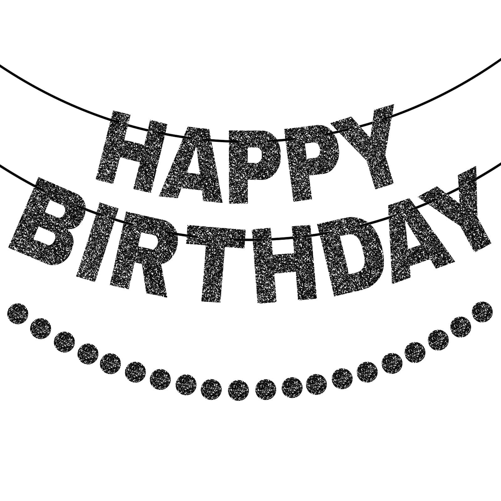 G2PLUS Glitter Happy Birthday Banner with Circle Dot Garland: Black Birthday Decorations, Party Decorations for Men, Women, Boys and Girls