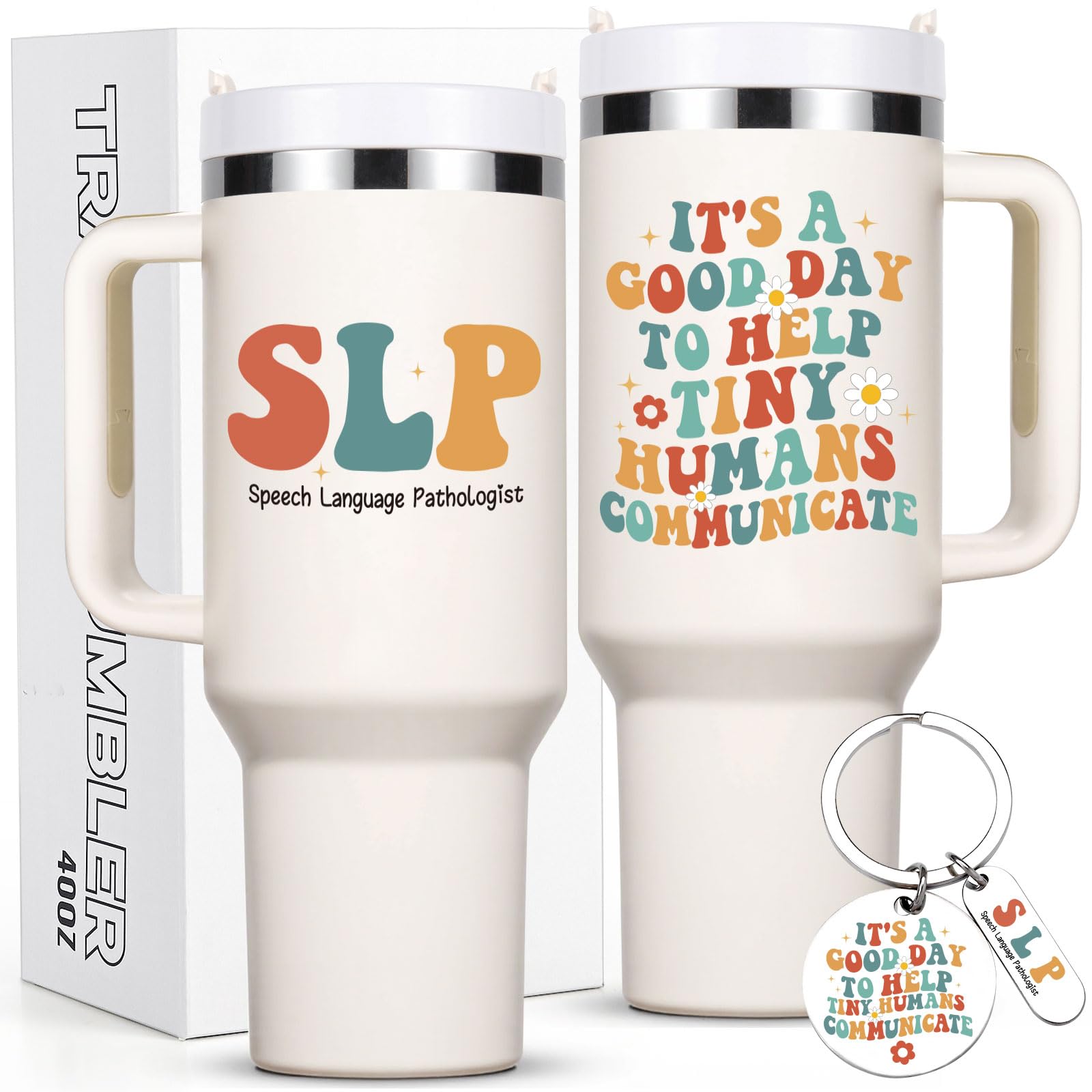 Lifecapido Speech Pathologist Gifts, SLP 40oz Tumbler with Keychain, Birthday Christmas Speech Therapy SLP Gifts for Speech Language Pathologist, Creamy