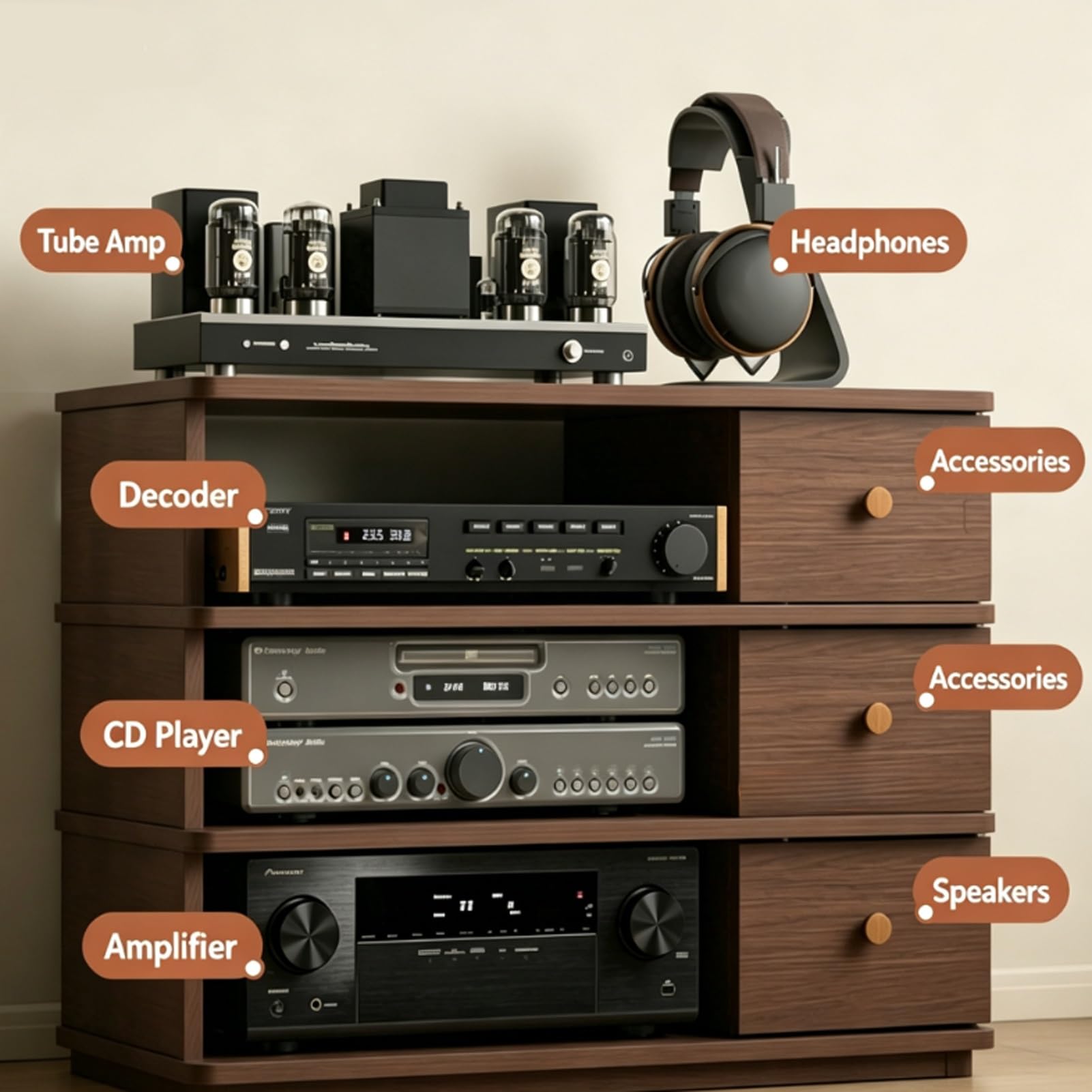 Supporto CD Stereo 4 Livelli Regolabile, Mobile AV con Ripiani Modificabili | Centro di Intrattenimento Marrone Rustico a 4 Livelli, Facile da Montare, for Soggiorno, Camera da Letto(Brown)