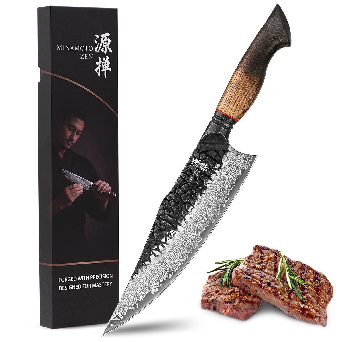 OKAMI Damast Chefmesser – 21,9 cm Klingenlänge – 67-lagiger Damaststahl mit VG10 Kern – Japanische Messerkunst – Hammerschlag-Finish – Eichenholzgriff
