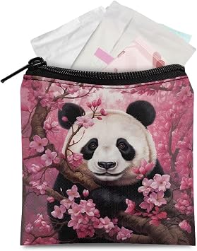 HUGS IDEA Cherry Blossom Panda Sanitary Napkin Storage Bag Menstrual Cup Pouch Soft Period Holder Bag Portable Tampon Holder Pad Pouch
