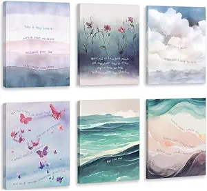 HOURIA Framed Watercolor Mental Health Canvas Wall Art Inhale Exhale Set of 6, 8x10, Therapist Office Decor