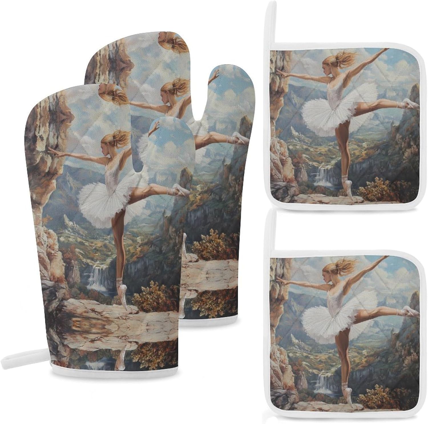 Ballet Dancer Ballerina on The Cliff Oven Mitts and Pot Holders 4Pcs Set Heat Resistant Cooking Mitts Hot Pads