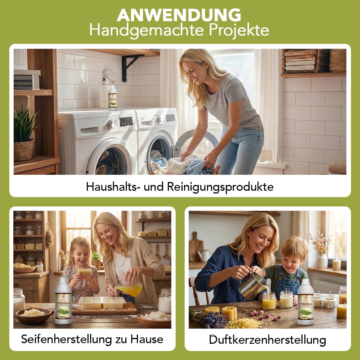 Ätherisches Citronellaöl 1000 ml - Cymbopogon Winterianus - Reines Ätherisches Citronella Öl - für Diffusers und Duftlampen - für Aromakerze - Frischer Duft - Lufterfrischer - Aromatherapie