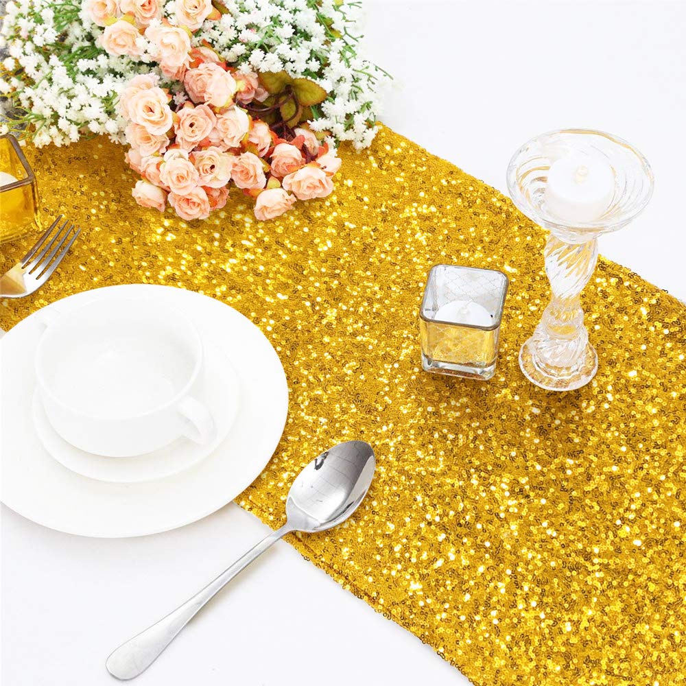 Time To Sparkle Sequin Gold 12X108inches Glitter Sequin Table Runner Chair Sashes Swags Wedding Party Table Decoration,