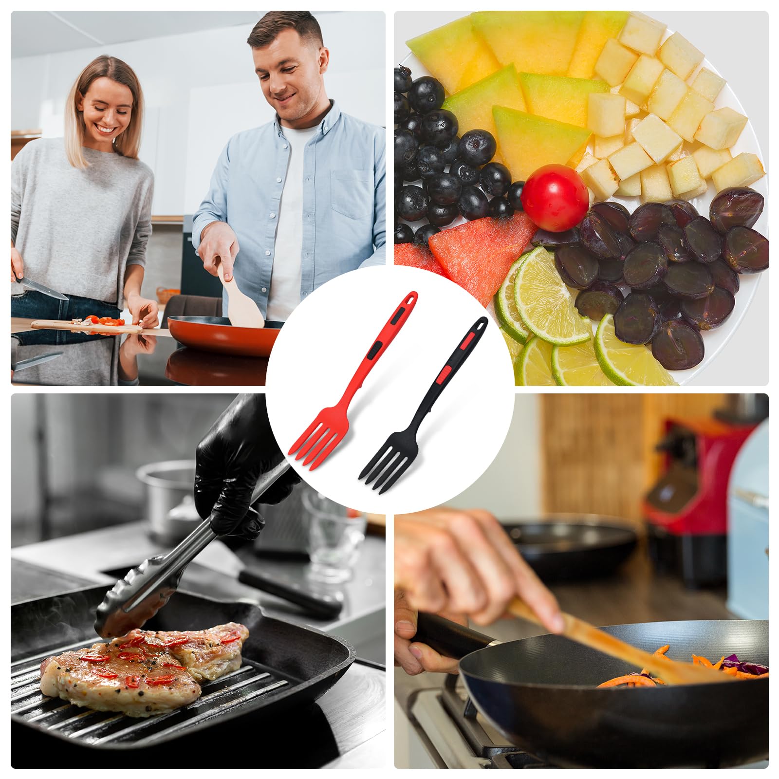 2 Piezas Tenedor de Silicona para Cocinar, Multifuncionales Tenedor para Espaguetis Resistente al Calor Tenedor para Mezclar para Cocina Revolver Mezclar Utensilios para Servir (Rojo, Negro)